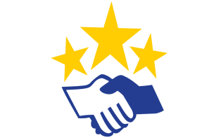 NaturFreunde-Handschlag in blau, statt der Alpenrosen sind die Sterne der EU-Flagge über den Händen.